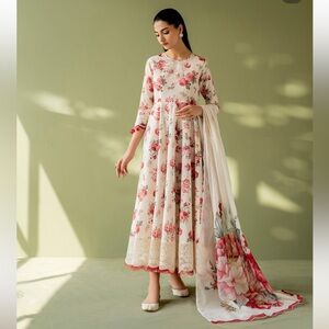 Floral Cream Dress with Red Accents